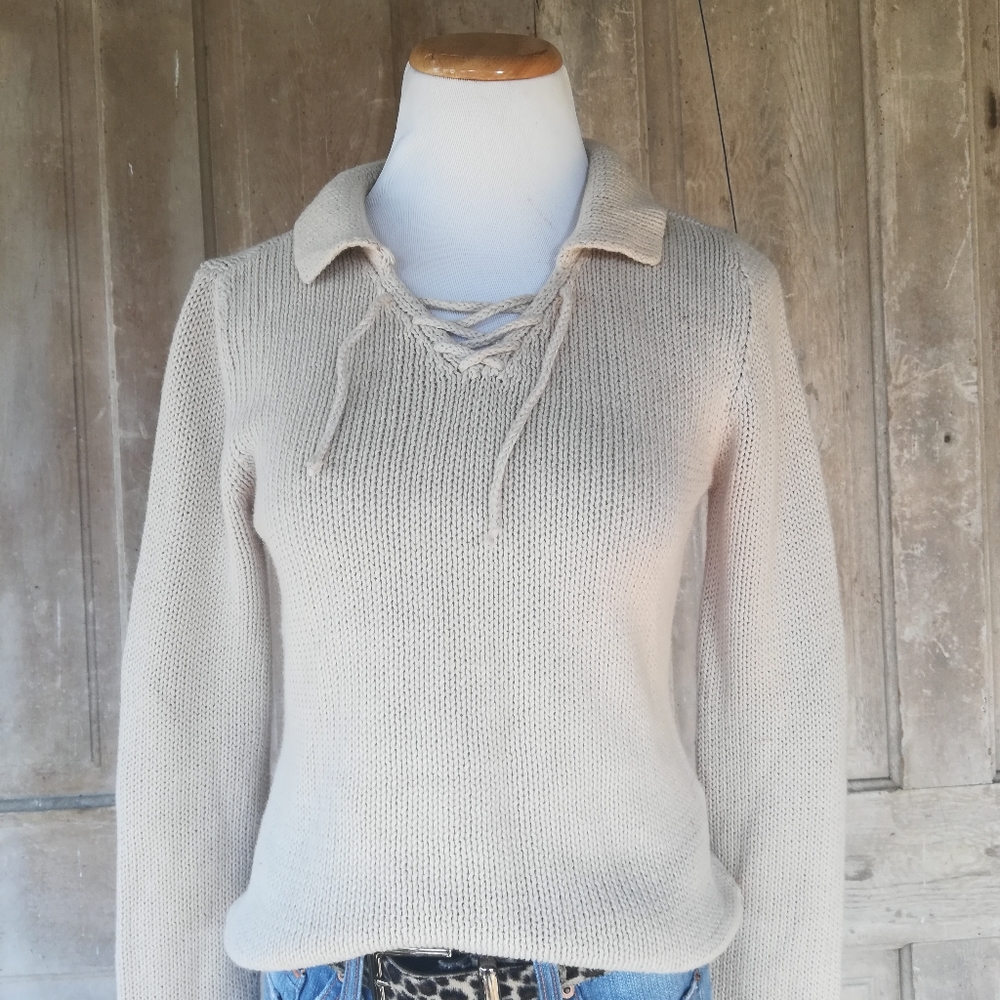Tan Lace Up Boho Sweater